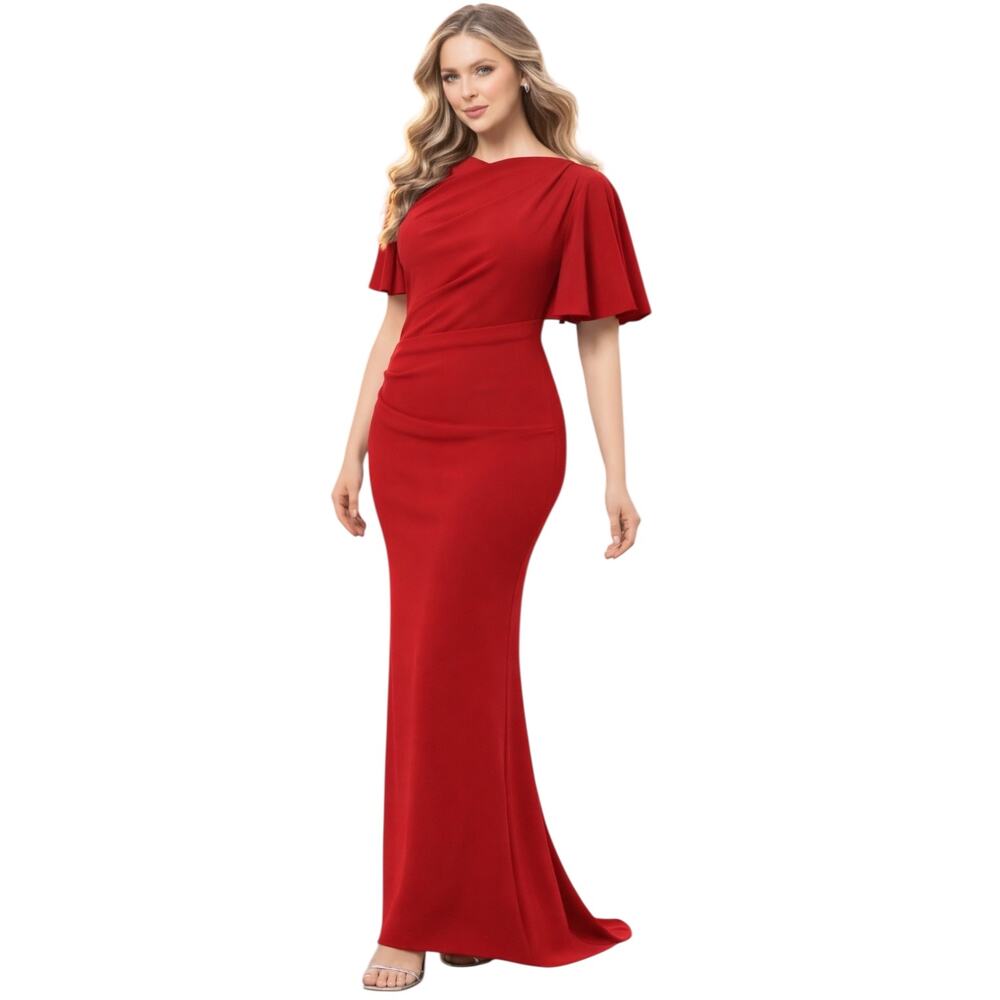Betsy & Adam Red Petite Flutter Sleeve Draped Evening Gown 6P NWT USA Made